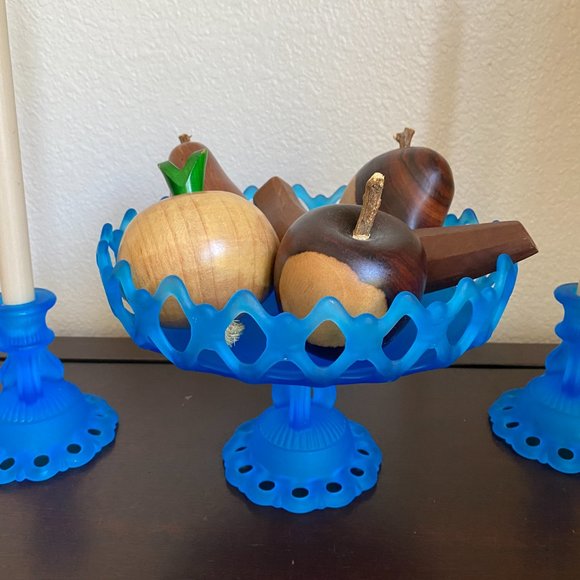 Vintage Westmoreland Elegant Glass Blue Satin Mist Doric Open Lace Console Set - Picture 12 of 16